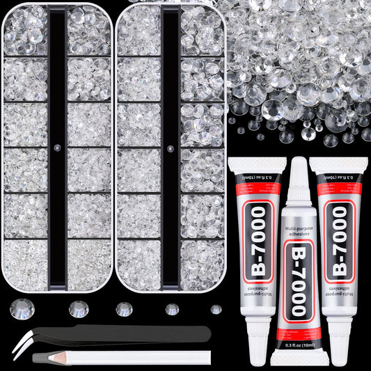Resin Rhinestones for Crafting with B7000 Jewelry Glue, 2 Boxes Transparent Flatback Crystals with 3Pcs 10ml Glue for Bedazzling Crafts DIY Nail Art Makeup, Gems for Clothing Shoes-BrightBean Baby