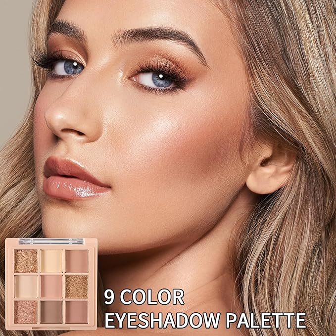 Erinde 9 Colors Eyeshadow Palette, Matte Shimmer Glitter Eye Shadow Makeup Palette, Highly Pigmented Long Lasting Waterproof, Natural Neutral Nude Eyeshadow Makeup Pallet, Oat Milk Tea-BrightBean Baby