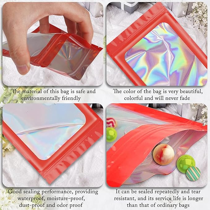 100 Pieces Smell Proof Mylar Resealable Bags, Holographic Packaging Bags, Resealable Odor Foil Pouch Zip Bag with Clear Window for Food Storage and Lipgloss, Jewelry Lash (Red, 3.5 x 6.3 Inch)-BrightBean Baby