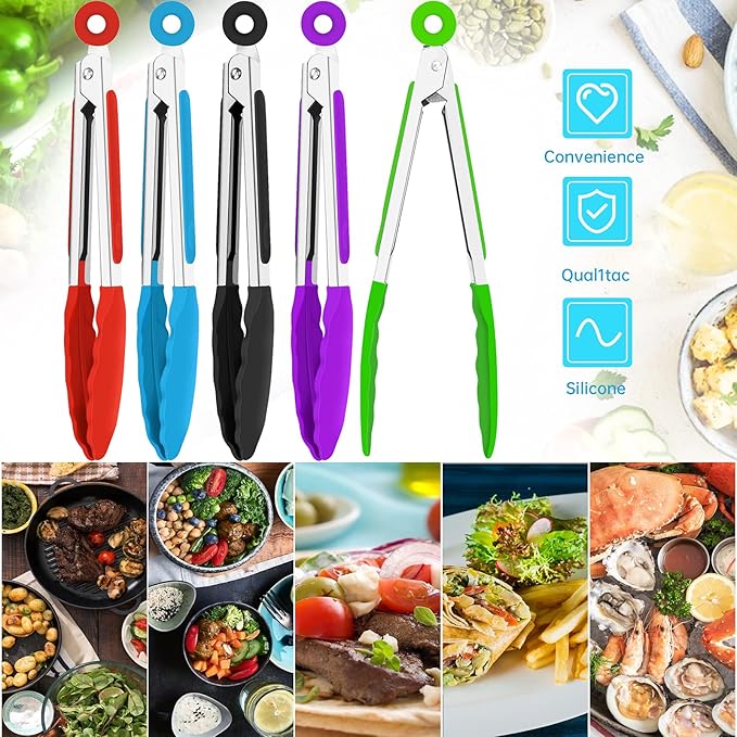 7 Inch Silicone small Tongs Set, mini Kitchen tongs with Silicone Tips Food Tongs Stainless Steel Cooking Tongs for Salad, Grilling, Frying and Cooking (Blue,Green,Red,Purple,Black, 5 Pieces)