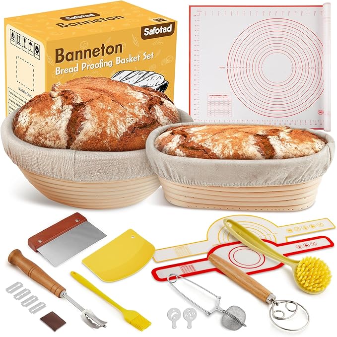 Banneton Bread Proofing Basket, Round and Oval Sourdough Starter Kit with Two Bread Slings and 27×19in Silicone Baking Mat Bread Making Tools Set, Gift for Family Lovers or Friends