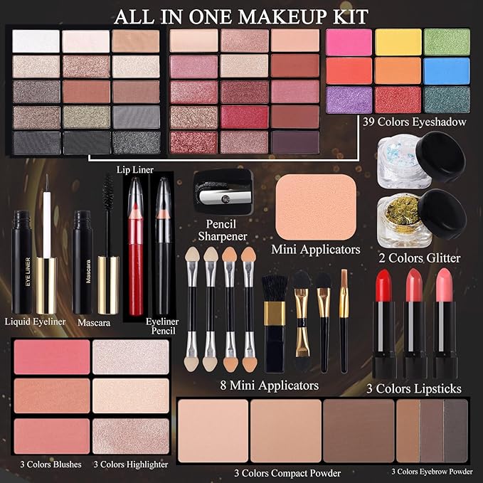 Professional Makeup Kit for Women Girl Full Kit with Mirror 60 Colors All in One Make up Gift Set Included Eyeshadow,Blusher,Highlighter,Compact Powder,Brow Powder,Lipstick,Glitter,Eyeliner,Mascara 01-BrightBean Baby