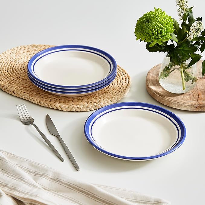 Portmeirion Potter's Stripe Salad Plate (Set of 4) - 8" Earthenware Plates with Classic Striped Rim - Microwave, Dishwasher, Freezer, Oven Safe - Ideal Modern Dinnerware Set (Blue Stripe)