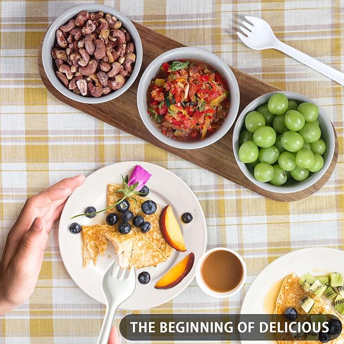 Artena 12 oz Solid Ceramic Chip and Dip Serving Set with Acacia Wooden Tray, 5-inch Grey Dipping Bowls, Small Serving Bowls for Side Dishes, Salsa, Appetizer, Serving Dishes for Entertaining