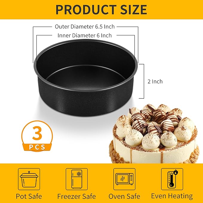 P&P CHEF Cake Pan Set of 3, Non-Stick Round Baking Cake Pans Tins for Tier Smash Cakes, Non-Toxic & Solid, Stainless Steel Core & Leak-Proof, 6 Inch