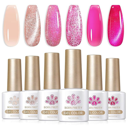 Born Pretty Gel Nail Polish Pink Series,Jelly Transparent Gel Polish, Cat Magnetic Eye,Holographic Glitter Hot Pink Nude Gel Polish for Salon Manicure and Nail Art DIY at Home 6 Colors-BrightBean Baby