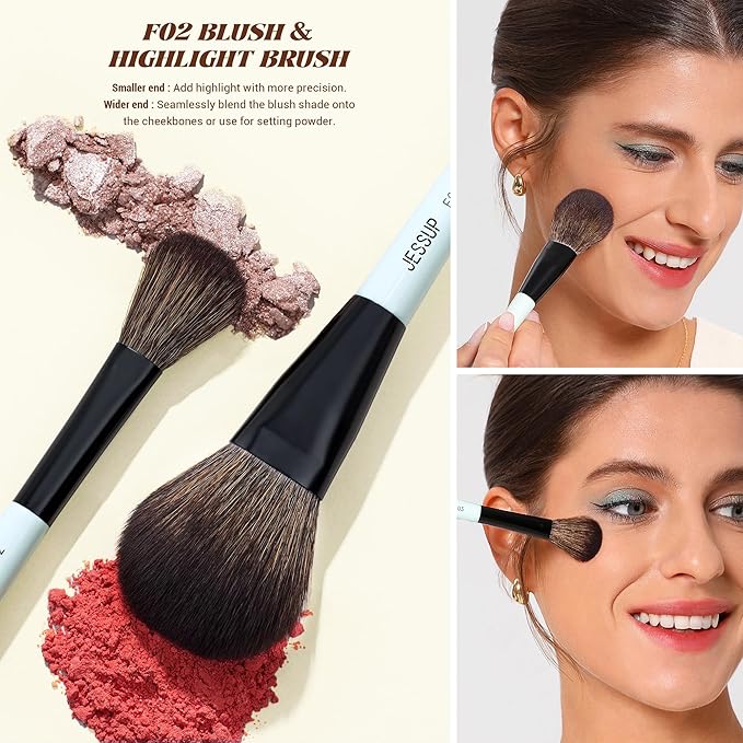 Jessup Face Makeup Brushes with Makeup Sponge, 3pcs Double Ended Makeup Brush for Foundation Contour Blush Highlight and Concealer Brush, Premium Synthetic Brush Set with Gift Box, T510-BrightBean Baby