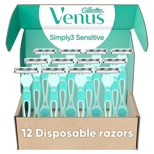 Gillette Venus Simply 3 Sensitive Disposable Razors, Sensitive Skin, 3 Bladed Razors, Pivoting Head for Incredible Comfort, Soft Grip Handle, 12 Count-BrightBean Baby