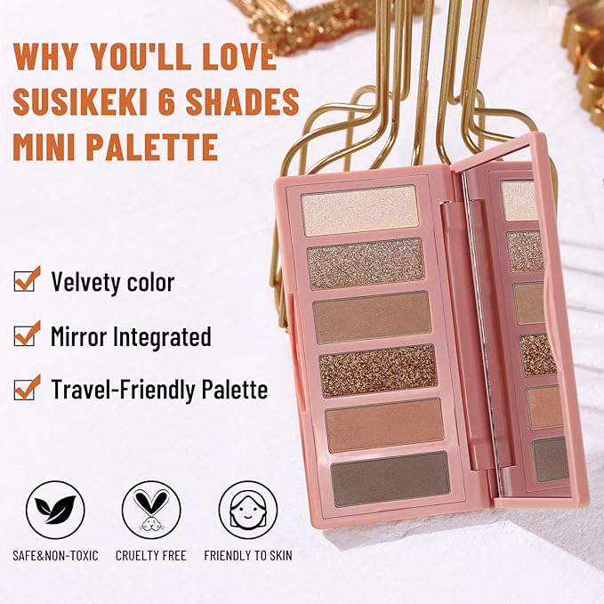 6 Colors Mini Naked Eyeshadow Makeup Palette Caramel & Bronzed Neutral Tone Eye Shadow Matte & Shimmer Nude Make Up Pallet with Mirror Blendable Highly Pigmented Travel Size Gift Kit 05-BrightBean Baby