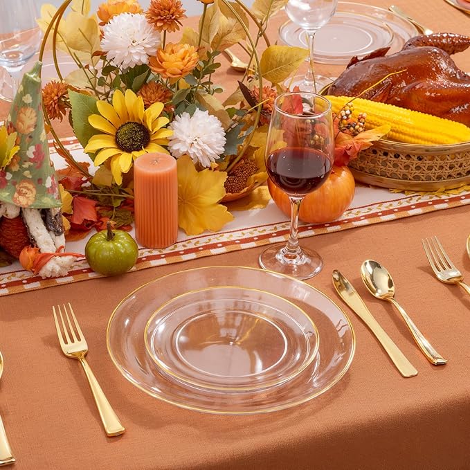 bUCLA 100PCS Clear and Gold Plastic Plates - Clear Disposable With Gold Rim Include 50 Each (10 inch Dinner & 7 inch Dessert) Plates, Ideal for Party & Thanksgiving