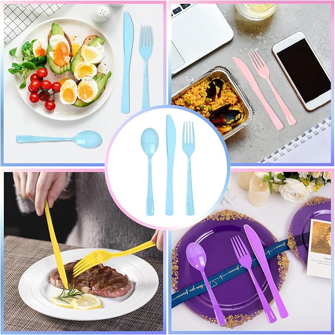 300 Pack Pink Blue Purple Yellow Disposable Plastic Silverware Heavy Duty, Plastic Cutlery Set,Forks and Spoons Knives Set for Birthday Party Prom Night, Weddings, (Macaron Colors)