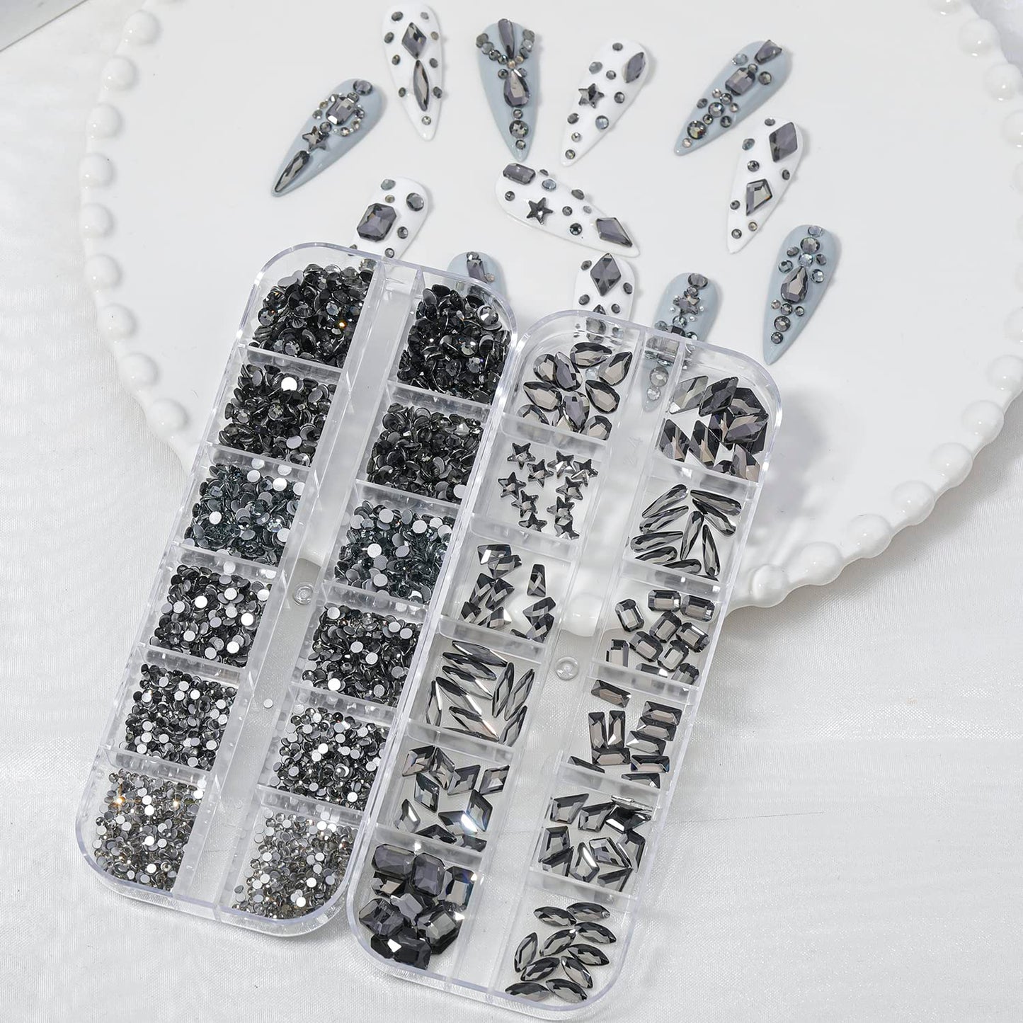 HNUIX Nail Rhinestones - 3D Multi Shape Size Crystal, Transparent Gray Nail Gems, Flat Back, with Kit, for Nail Art, DIY Decorations-BrightBean Baby