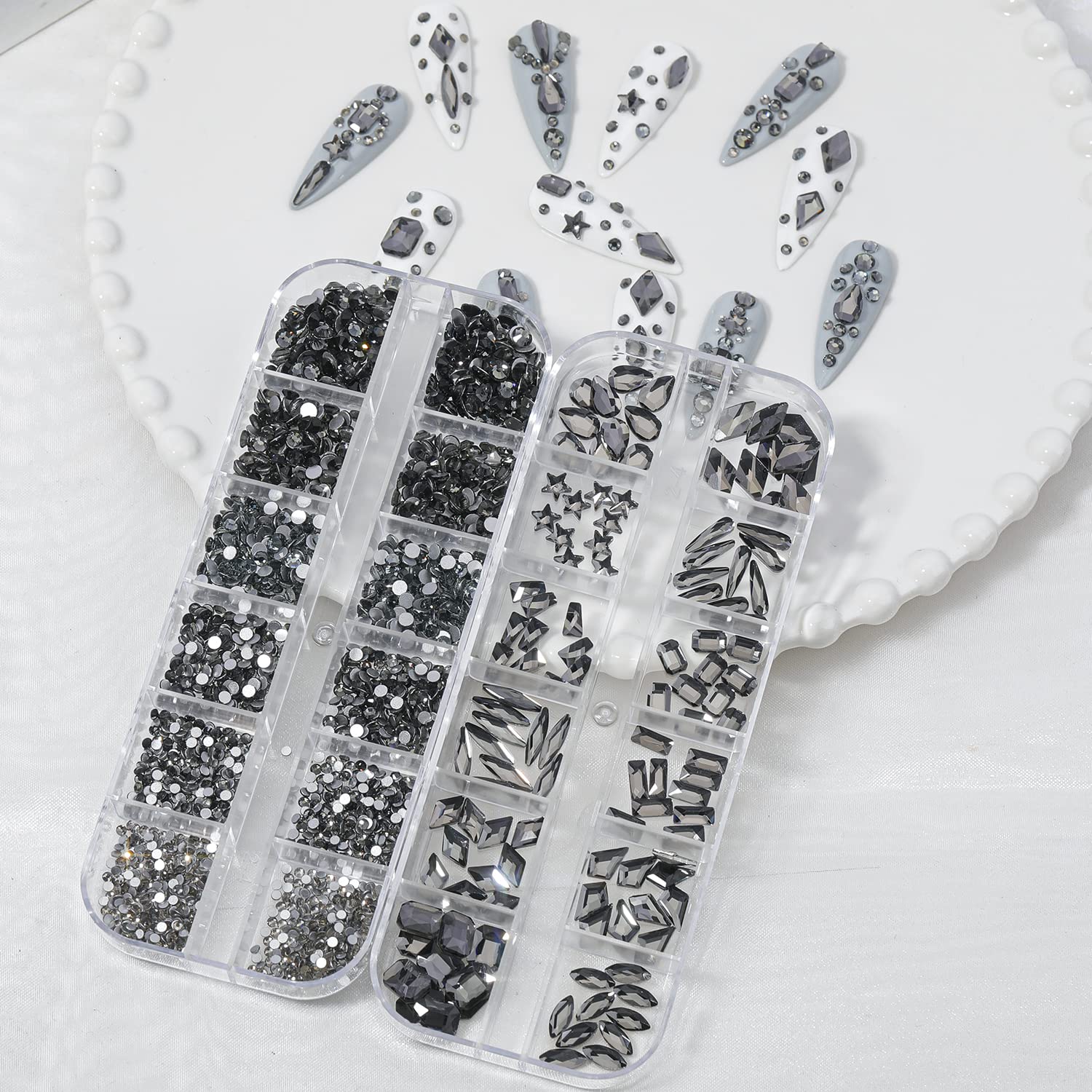 HNUIX Nail Rhinestones - 3D Multi Shape Size Crystal, Transparent Gray Nail Gems, Flat Back, with Kit, for Nail Art, DIY Decorations-BrightBean Baby