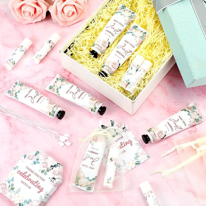 25 Set Wedding Lip Balms and Hand Cream Gift Set Include 25 Moisturizing Hand Care Cream 25 Lip Balms with Thank You Cards and Bags Bridesmaid Gift Set for Bridal Shower Wedding(Floral)-BrightBean Baby