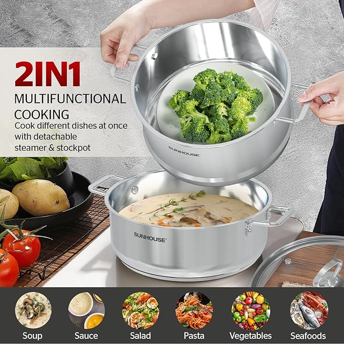 SUNHOUSE 2-Tier Stainless Steel Steamer Pot 5.5QT - Toxin-Free Healthy Cooking