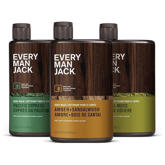 Every Man Jack Hydrating Mens Body Wash - Cleanse, Nourish, and Hydrate Skin with Naturally Derived Ingredients - Paraben Free - Amber + Sandalwood, Pacific Cypress and Coastal Moss - 3pk-BrightBean Baby