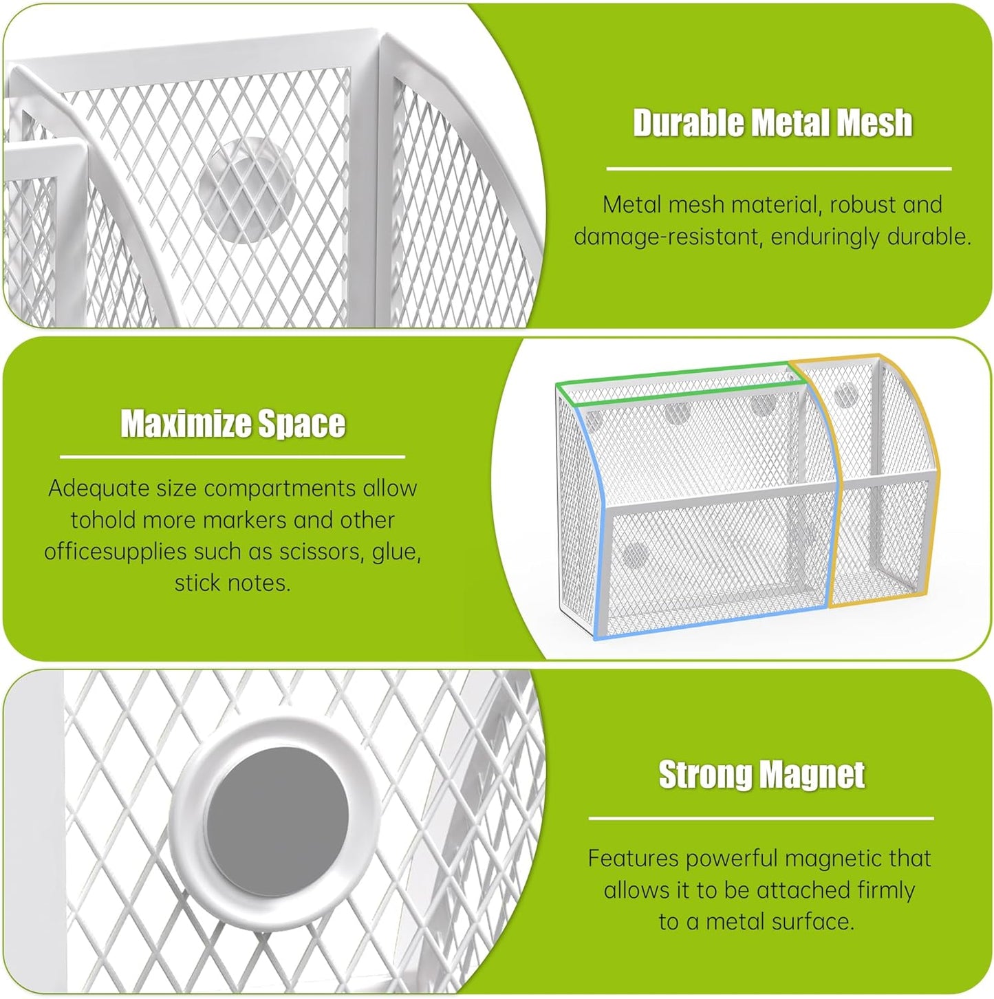 YINGHUA Strong Magnetic Pen Holder for Whiteboard and Refrigerator 3 Compartments Metal Mesh Organizer Space Saving Shelf for Office School Home and Locker - White-BrightBean Baby
