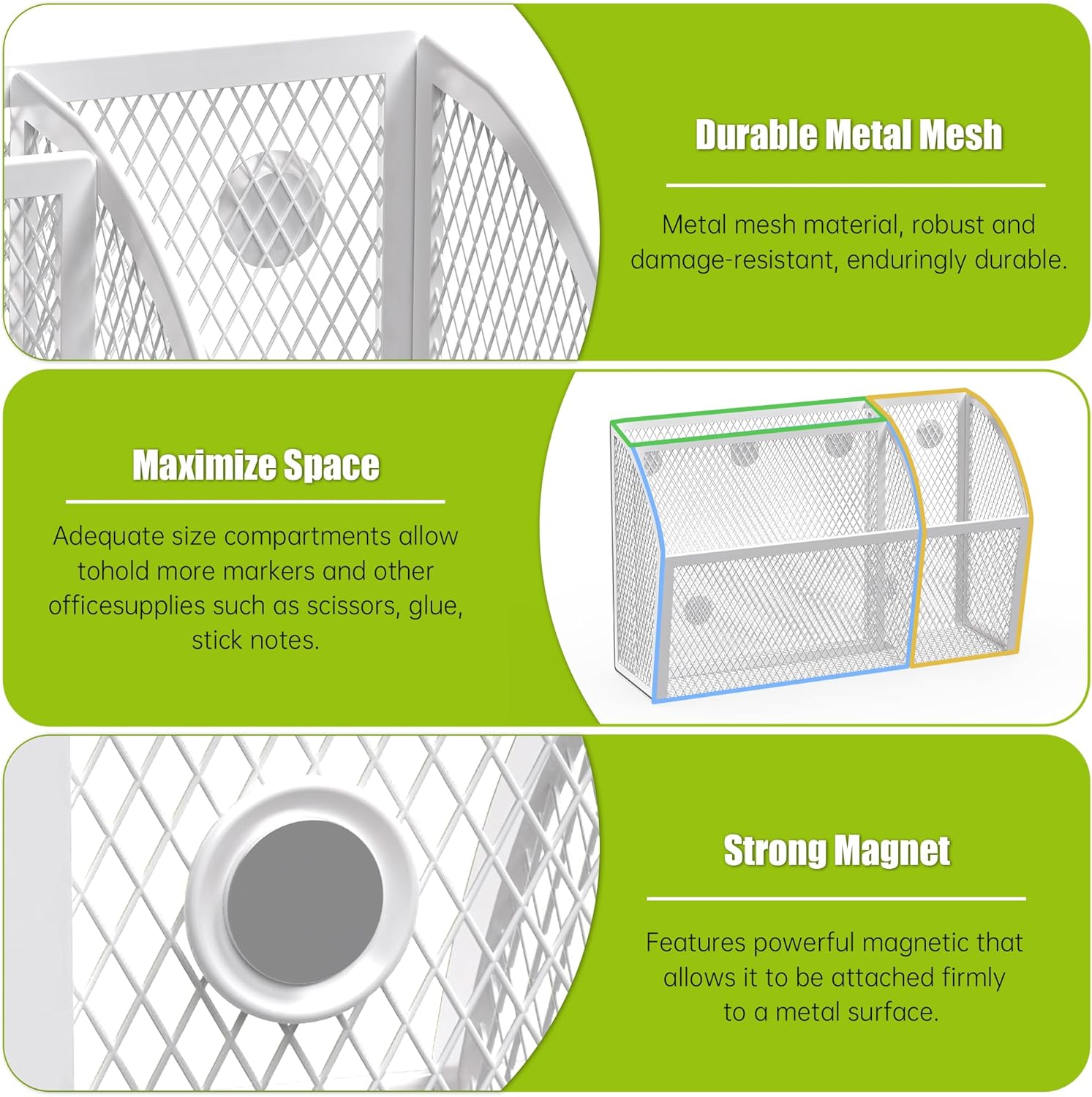 YINGHUA Strong Magnetic Pen Holder for Whiteboard and Refrigerator 3 Compartments Metal Mesh Organizer Space Saving Shelf for Office School Home and Locker - White-BrightBean Baby