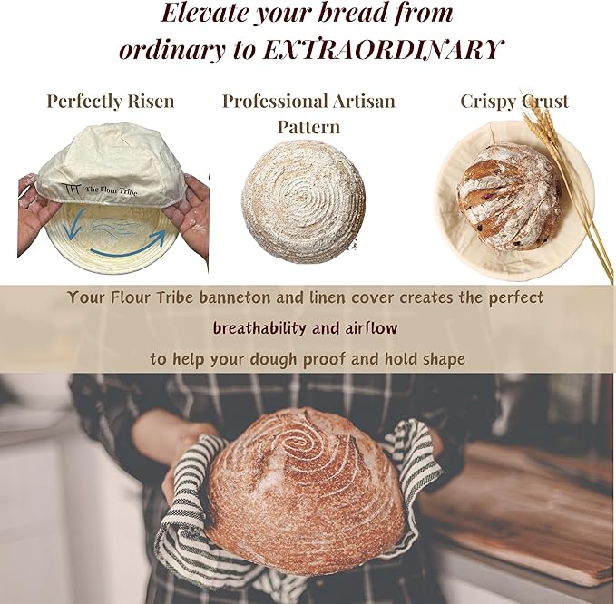 Banneton Bread Proofing Basket: Sourdough Bread Baking Supplies, Sourdough Starter Kit, Bread Making Supplies Tools, Baking Gift Set, 9 inch round rattan Basket, bread bag, dough scraper, scoring lame