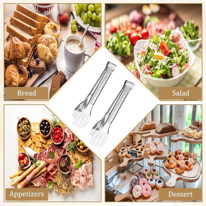 6PCS Serving Tongs, 7Inch Buffet Tongs, Stainless Steel Food Tong Small Serving Utensils for Cooking, Entertaining, Salad, Barbecue, Buffet, Toast and Steak by Sunenlyst (Stainless buffet tongs)