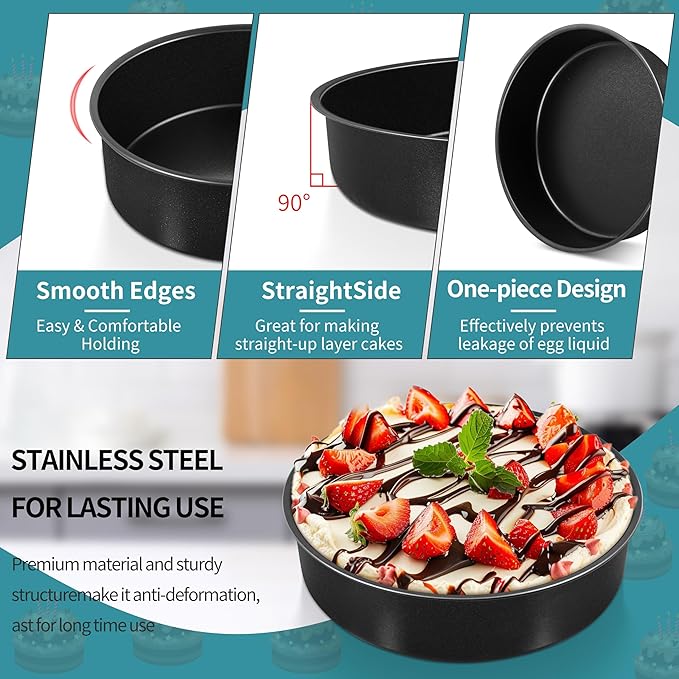 P&P CHEF 4/6/ 8 Inch Cake Pan Set of 3, Non-Stick Round Cake Pans Tins for Tier Smash Cakes, Baking Pans Set & Essential Bakeware, Stainless Steel Core & Leak-Proof
