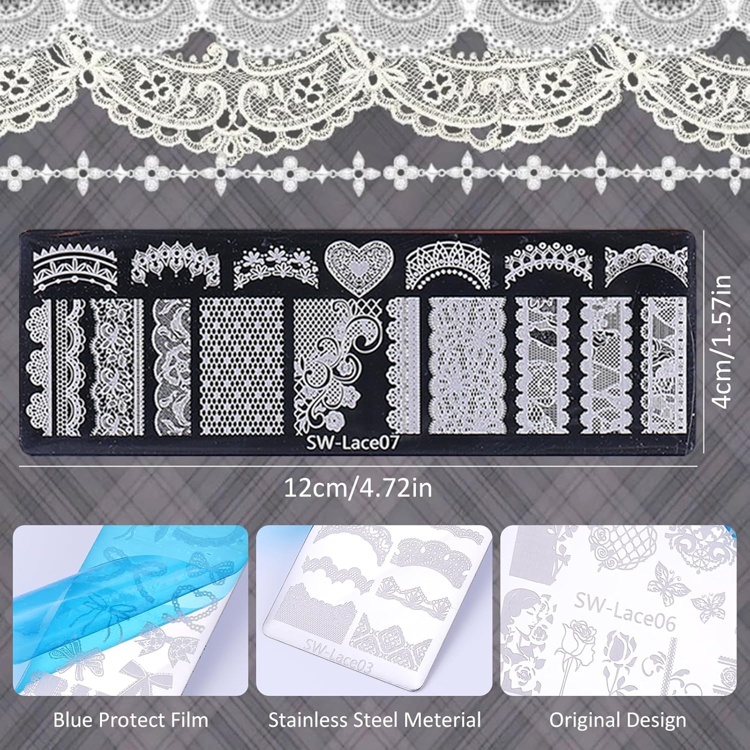 Lace Nail Stamping Plate Set - French Tip Stamp Silicone Nail Stamper Kit Bow Lace Design with Nail Stamp Plates Laser Storage Bag Nail Art Stencil Nail Supplies for Home DIY &Professional Salon-BrightBean Baby