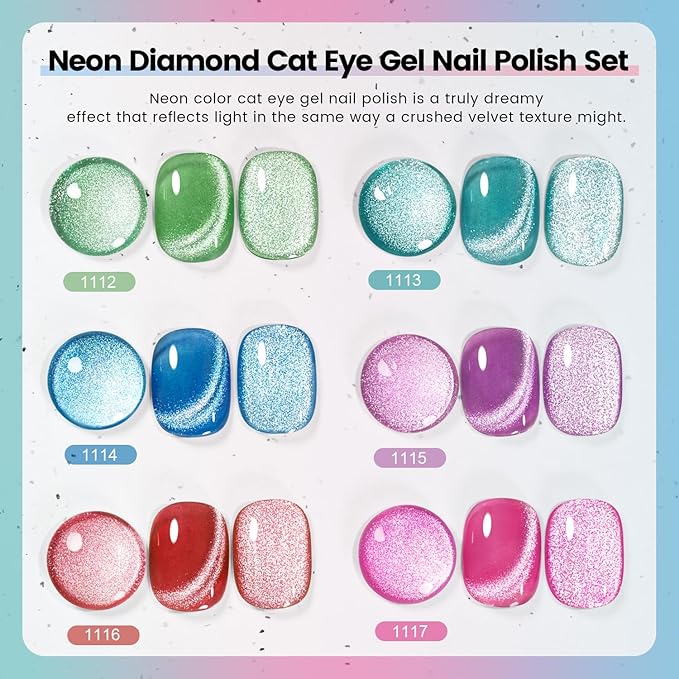 RARJSM Neon Diamond Cat Eye Gel Nail Polish Set 6 Colors Velvet Silver Glitter Bright Green Lake Blue Red Rose Purple Gel Polish with Magnet Stick UV LED Curing Requires Soak Off Home Salon Diy-BrightBean Baby