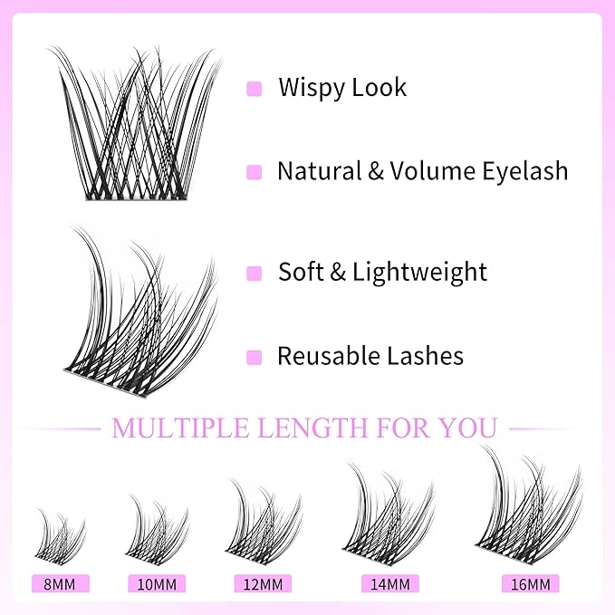 VEYESBEAUTY Lash Clusters Kit Individual Eyelash Extensions Thin & Invisible Band DIY False Eyelashes Newbie's Five-Second Series Wispy Lash Tray, LuxeBold KIT with Bond&Seal Remover Applicator-BrightBean Baby
