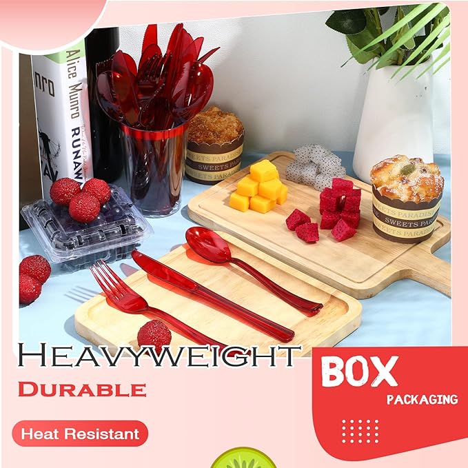 Minatee 150 Pieces Disposable Cutlery Set Plastic Silverware Heavy Duty Utensil Sets 50 Forks 50 Knives 50 Spoons for Home Office School Party Picnics Restaurant Outdoor Events(Red)
