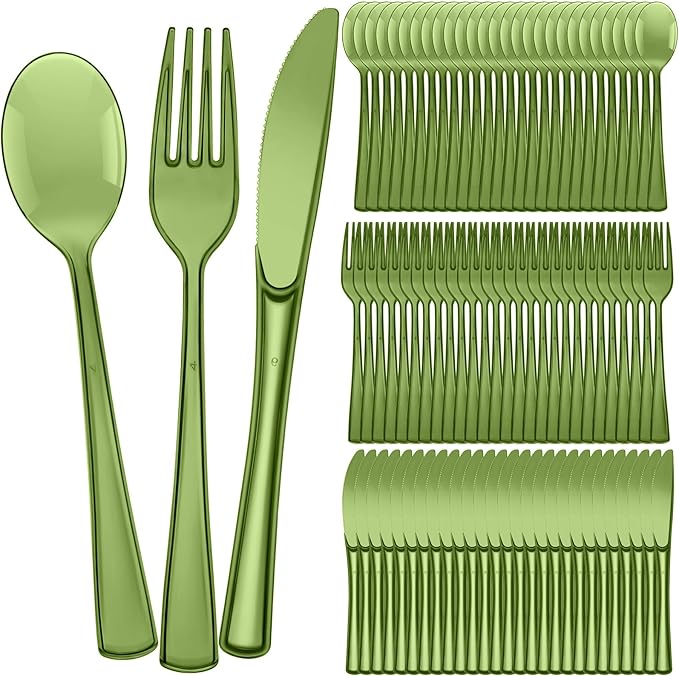 Minatee 150 Pieces Disposable Cutlery Set Plastic Silverware Heavy Duty Utensil Sets 50 Forks 50 Knives 50 Spoons for Home Office School Party Picnics Restaurant Outdoor Events(Olive Green)