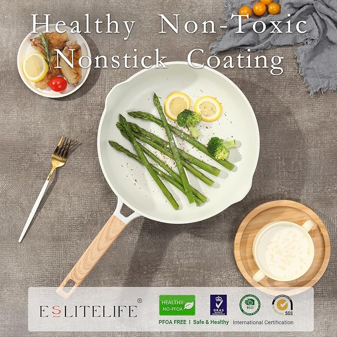 ESLITE LIFE Frying Pans Set with Lids Nonstick Skillets Set Egg Omelette Pans, Healthy Ceramic Coating Cookware Chef's Pan, Compatible with All Stovetops, PFOA Free (White,7-Piece)