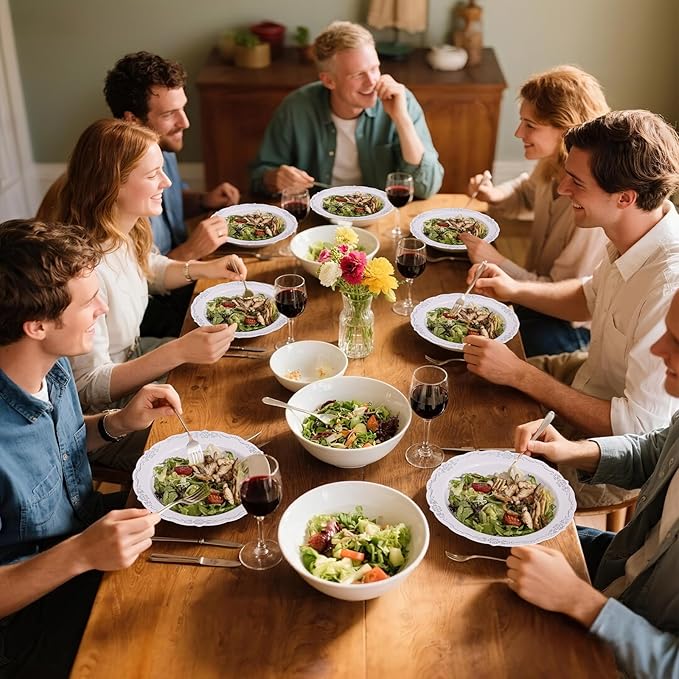 DaYammi 100 Pack Plastic Bowls with Silver Rim, 12oz Disposable Soup Bowls, Heavy Duty Dinner Bowls for Weddings, Parties, Dinners, Catering and Everyday Use