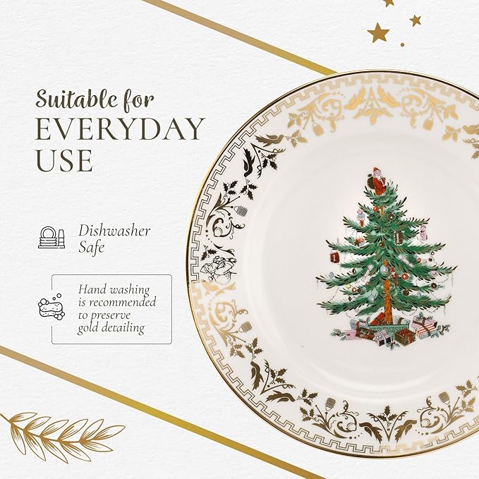 Spode Christmas Tree Gold Salad Plate (Set of 4) – 8-Inch Porcelain Dinner & Appetizer, Christmas Dinnerware & Holiday Tableware, Microwave & Dishwasher Safe, Festive Seasonal Dining Plate
