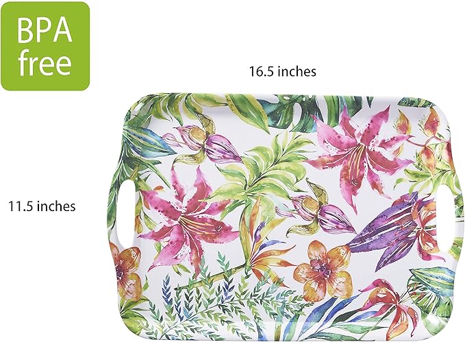 Blue Boat 16.5" x 11.5" Rectangular Serving Trays Set of 2 Floral, Light Weight Easy to Clean Sturdy Stackable Melamine Serving Tray with Handle, Fruit, Snacks, and Desserts Trays