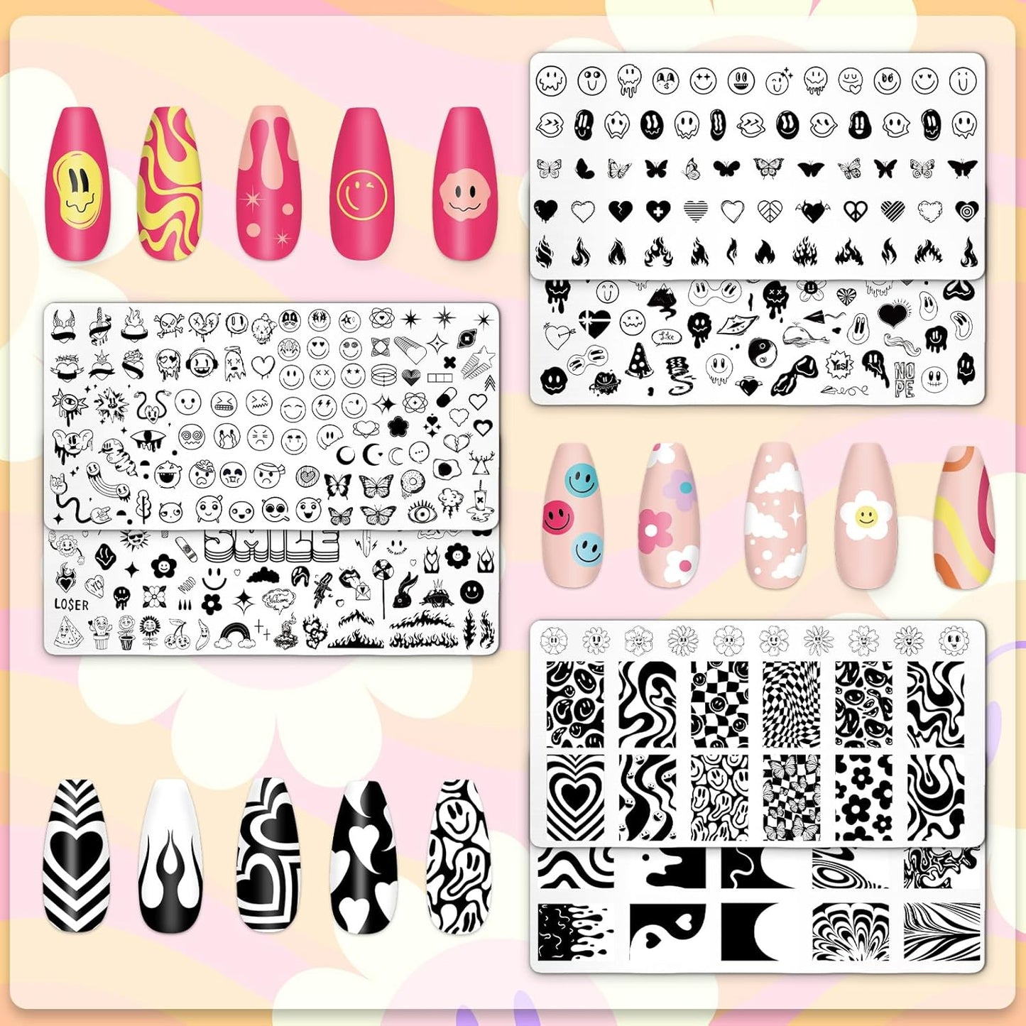 Whaline 6Pcs Smile Face Nail Plates Stamping Set Heart Butterfly Star Flower Smiling Stamp Templates Groovy Nail Art Plates for DIY Print Manicure Salon Design Gift Supplies-BrightBean Baby