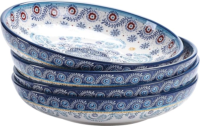 Bico Blue Talavera Pasta Bowls, 35oz Salad Bowl Set of 4, Large Ceramic Serving Dinner Bowls for Soup and Cereal, Microwave and Dishwasher Safe, Gift for Housewarming and Thanksgiving