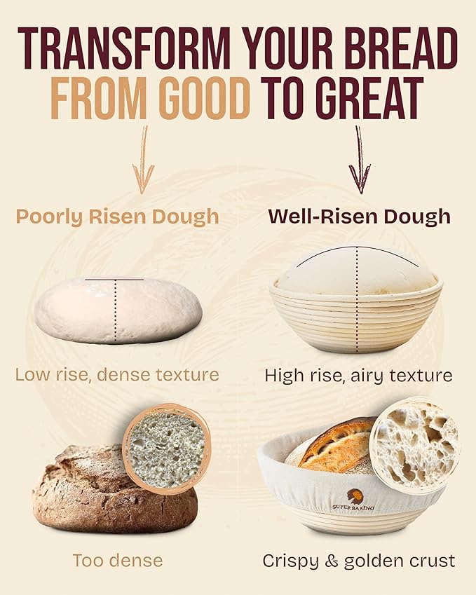 Superbaking Banneton Bread Proofing Basket Set with Silicone Dough Sling, 9" Splinter-Free Proofing Basket, Non-Stick Dutch Oven Liner, Sourdough Starter Kit, Sourdough Bread Baking Supplies & Tools