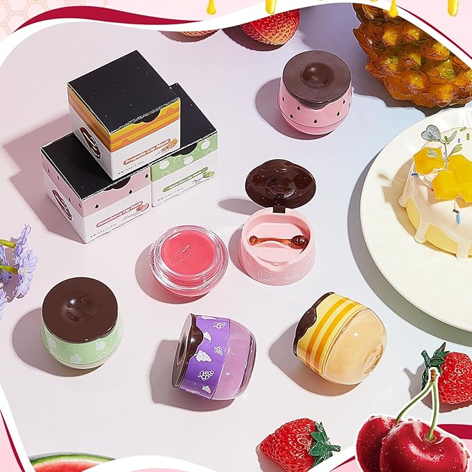 12 Pcs Bee Lip Balm Honey Pot with Brush Propolis Lip Mask Overnight, Moisturizing Hydrating Lip Sleeping Mask Prevention Dry and Cracked(Honey+Peach+Grape+Strawberry+Apple Lime+Mint)-BrightBean Baby