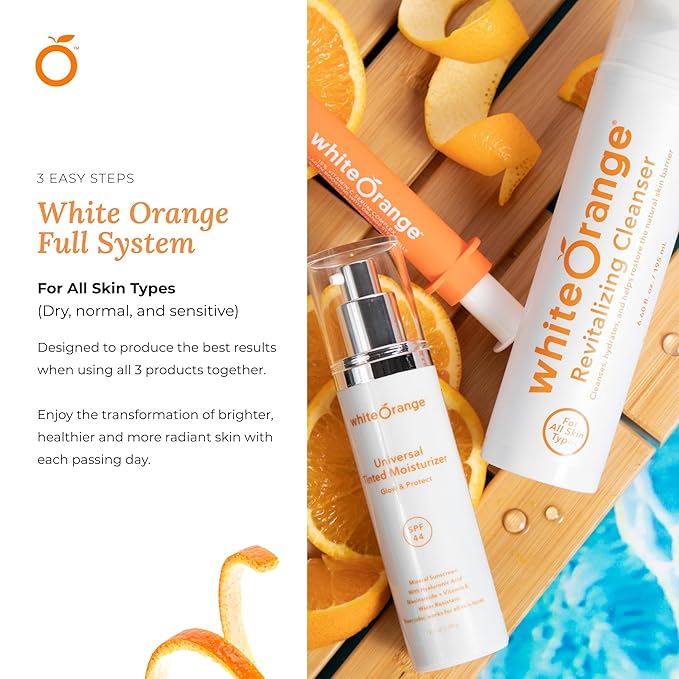 White Orange Full System 3 Step Skincare Routine Premium Anti-Aging Regimen Bundle For Healthy Glowing Skin - Revitalizing Cleanser, Advanced Vitamin C Serum & Universal Tinted Moisturizer with SPF 44-BrightBean Baby