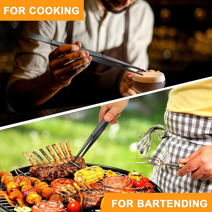 Yaomiao 4 Packs Bar Tweezers Long Garnish Tongs Bar Tweezers Stainless Steel Korean Bbq Tongs for Bartender Cocktail Cooking Food (Black,12 Inch)