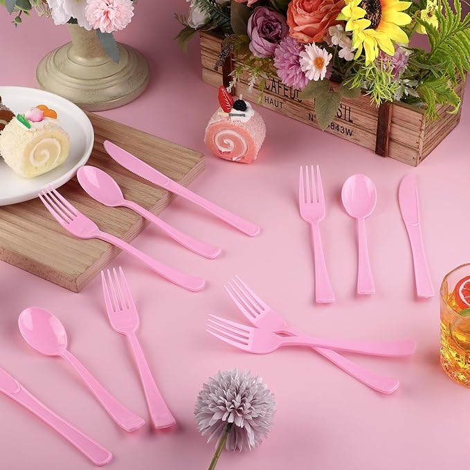 300 Pieces Light Pink Plastic Silverware Heavy Duty Plastic Cutlery Set Heavyweight Disposable Flatware Includes Spoons Forks Knifes for Birthday Party Prom Night Wedding Dinner