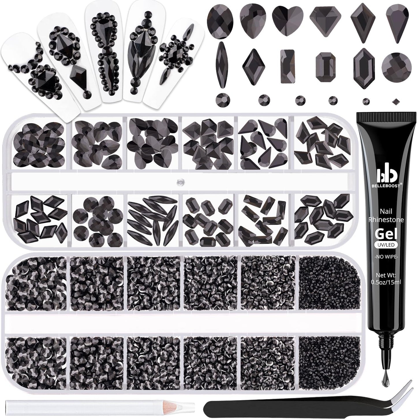 2630Pcs Black Glass Nail Rhinestones: 120Pcs Multi Shapes + 2510Pcs 1.5-4mm Round, Nail Art, Manicure, Craft Beads-BrightBean Baby