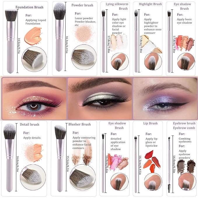 10 Piece Purple Makeup Brushes Set and 3 Piece Makeup Sponge - Wooden Handle with Soft Synthetic Bristles, for Face & Eye Makeup | Professional Cosmetic Brushes | Includes Travel Pouch-BrightBean Baby