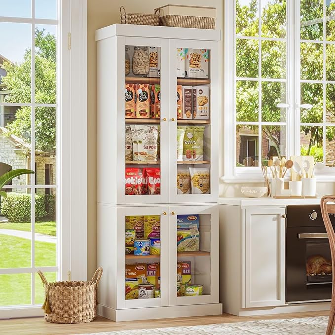 70.8" Tall Farmhouse Kitchen Pantry Cabinet with Glass Doors, Modular Storage Cabinet with 6-Tier Adjustable Shelves, White, Wooden Hutch for Kitchen, Living Room, Set of 4