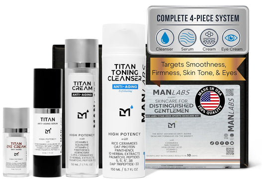 Titan Sports Anti-Aging Mens Skin Care Kit – Cleanser, Face Serum, Eye Cream, Face Moisturizer – Men, Skin Care Set – Dark Circles, Wrinkles, Fine Lines – Vitamin C, Niacinamide, HA–Unscented-BrightBean Baby