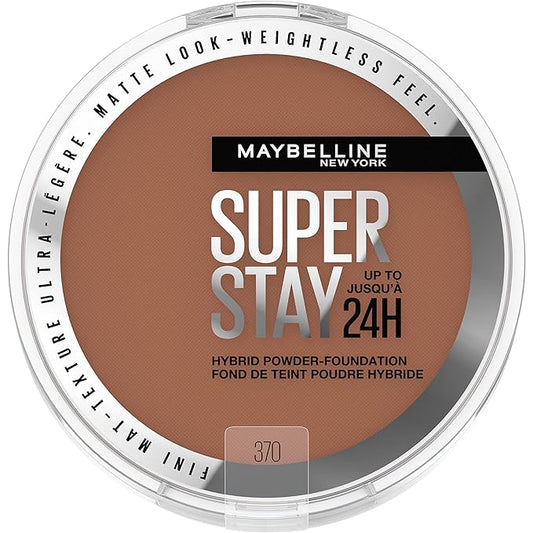 Maybelline Super Stay Up to 24HR Hybrid Powder-Foundation, Medium-to-Full Coverage Makeup, Matte Finish, 370, 1 Count-BrightBean Baby