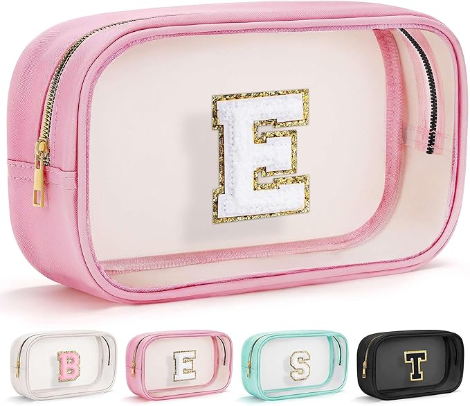 YOOLIFE Initial Make Up Bag Travel Toiletry Bag, Clear Makeup Bag Preppy Cosmetic Bags Organizer Travel Essentials Pink Gifts for Women Teen Girlfriend Teacher Mom Birthday Mothers Day Gifts E-BrightBean Baby