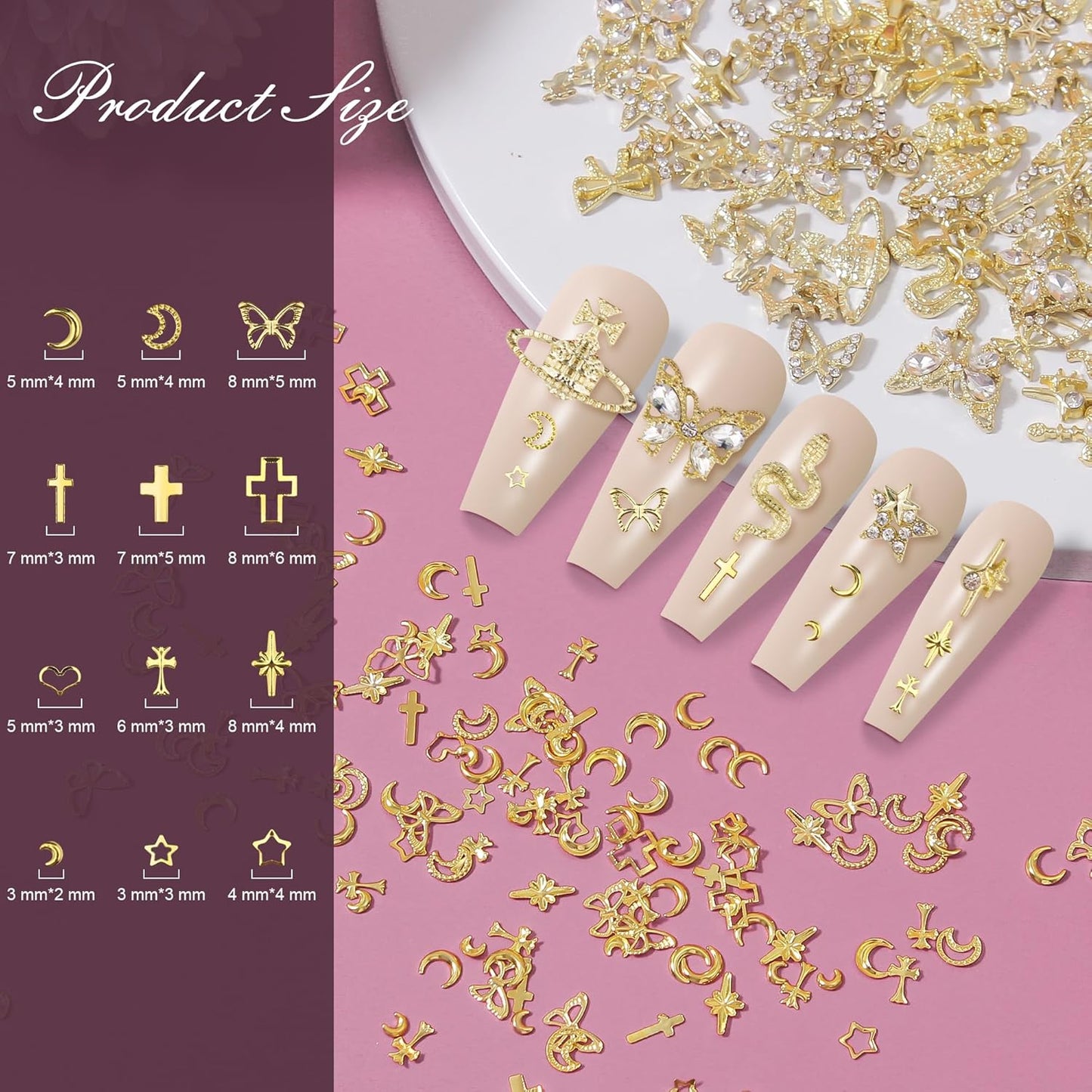 Artdone Nail Art Studs Kit, 3D Gold Cross Nail Charms and Diamond Butterfly Gems Bulk Nail Jewels Shiny Star and Moon for DIY Professional Manicures Decoration-BrightBean Baby