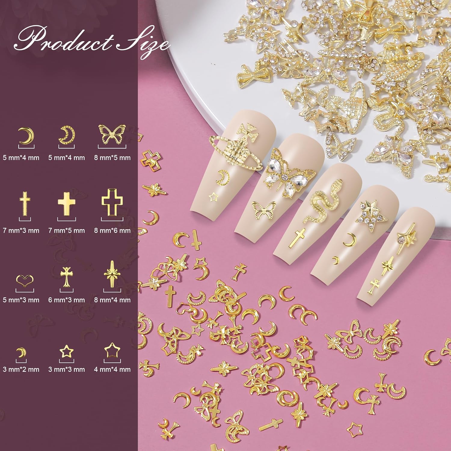 Artdone Nail Art Studs Kit, 3D Gold Cross Nail Charms and Diamond Butterfly Gems Bulk Nail Jewels Shiny Star and Moon for DIY Professional Manicures Decoration-BrightBean Baby