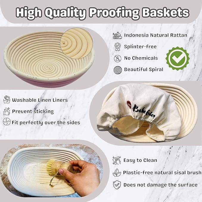 Artisan Bread Banneton Proofing Basket Set of 2, 9 inch Round & 10 inch Oval Sourdough Baskets with Danish Whisk, Dough Cutter, Scraper, Flour duster, Cleaning Brush, Bread Lame &10 Blades